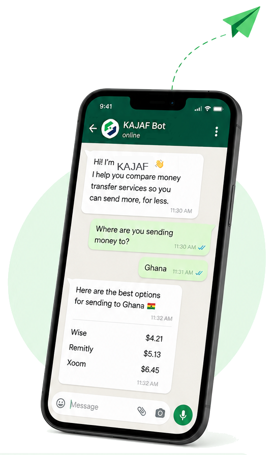 The Kajaf WhatsApp bot comparing money transfer options for a transfer to Ghana
